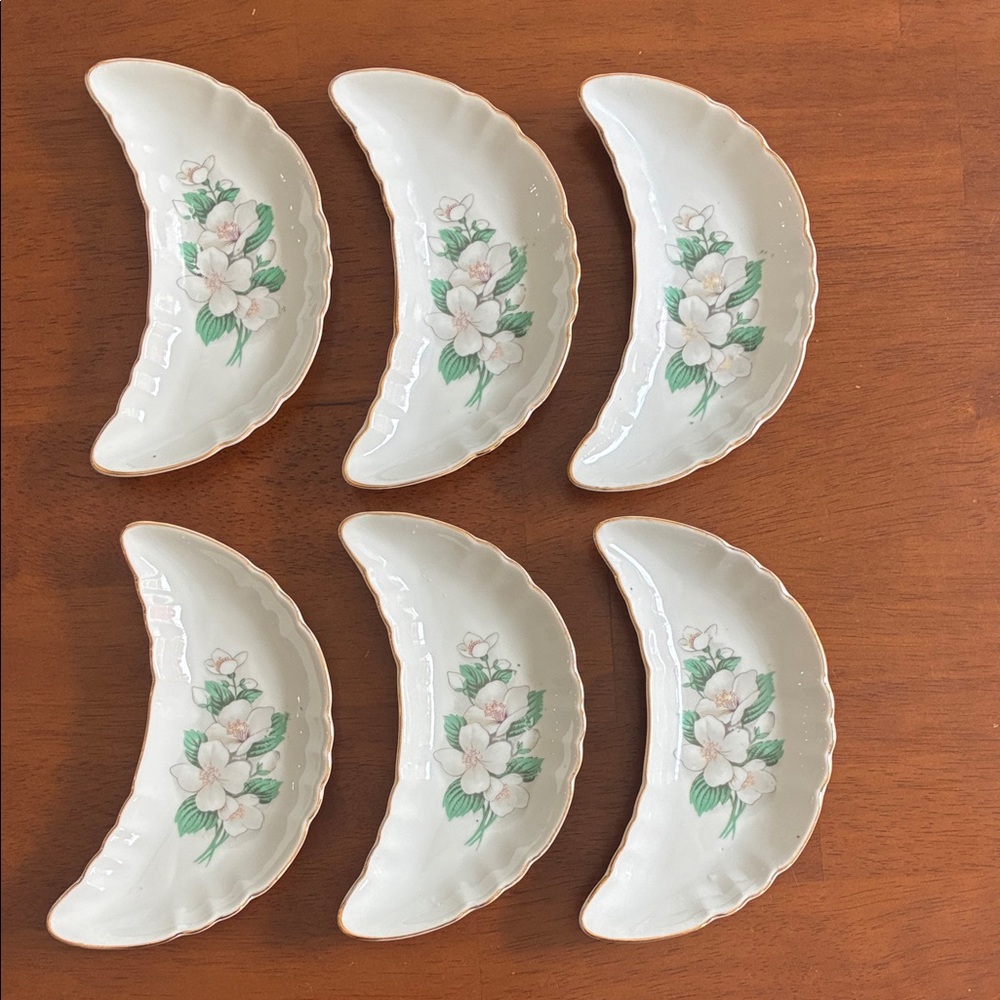 Set of 6 Vintage Mid Century Porcelain Half Moon Crescent Floral Trinket Dish